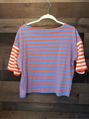 Gap Women’s Blue and Orange Striped Short Sleeve Top